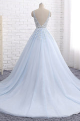 Backless Prom Dress, Ball Gown Chapel Train V Neck Sleeveless Backless Appliques Prom Dresses