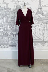 Bridesmaid Dresses Mismatched Winter, Wrap V Neck Sleeves Chiffon Long Bridesmaid Dress with Sash