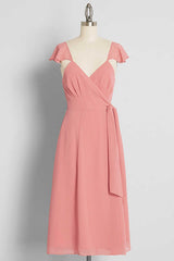 Wedding Dress, Peach Cap Sleeve Tie-Side Short Formal Dress