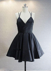 Prom Dress2035, Princess/A-Line V-Neck Short Black Satin Homecoming/Prom Dresses