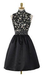 Prom Dress Idea, A-Line High Neck Open Back Above-Knee Black Homecoming Dress 2024 with Lace Sequins