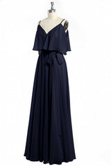 Prom Dresses Long Open Back, Black Chiffon V-Neck Ruffled A-Line Long Bridesmaid Dress