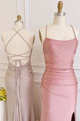 Evening Dresses V Neck, Dusty Pink Satin Lace-Up Sheath Long Bridesmaid Dress with Slit