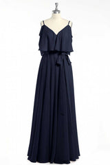 Prom Dress Long Open Back, Black Chiffon V-Neck Ruffled A-Line Long Bridesmaid Dress