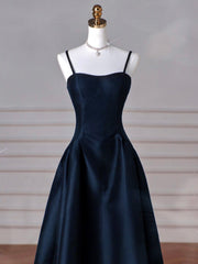 Simple A-Line Dark Blue Satin Long Prom Dress, Dark Blue Long Formal Dress