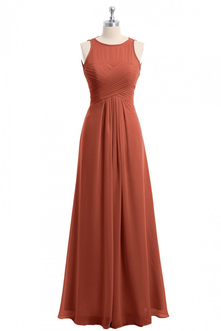 Formal Dress For Weddings Guest, Rust Orange Crew Neck Backless A-Line Long Bridesmaid Dress