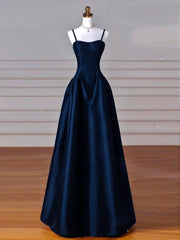 Simple A-Line Dark Blue Satin Long Prom Dress, Dark Blue Long Formal Dress