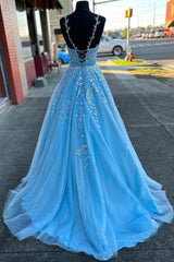 Light Blue Appliques V-Neck Belted A-Line Prom Gown