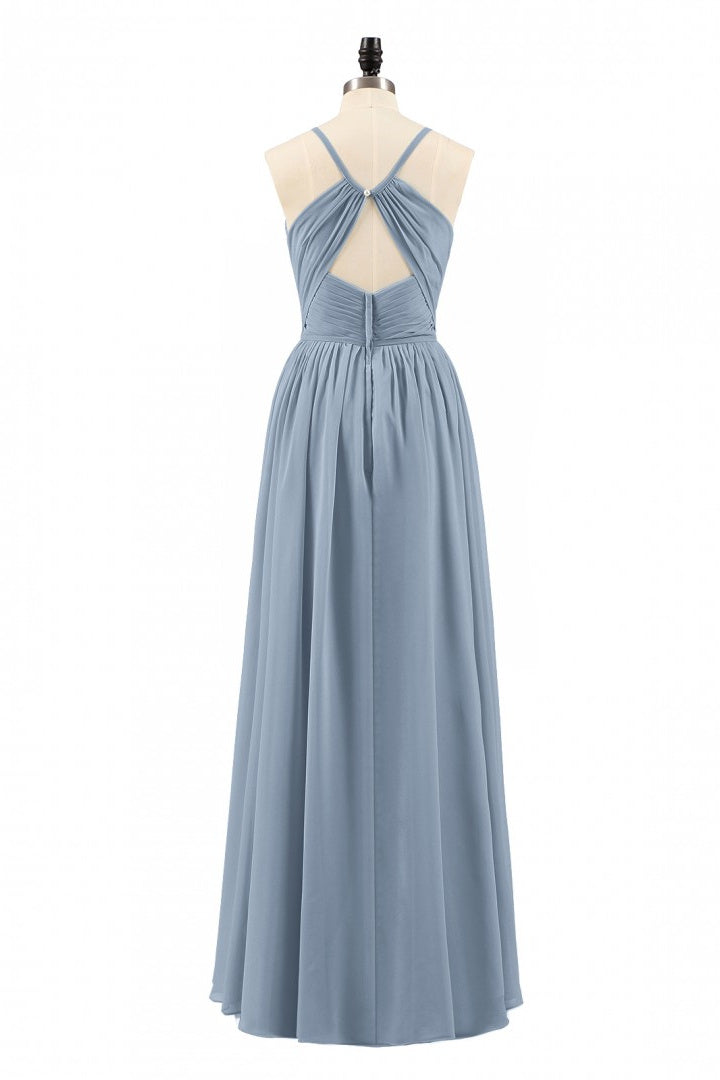 Evening Dresses Knee Length, Dusty Blue Chiffon Cutout Back A-Line Long Bridesmaid Dress