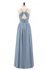 Evening Dresses Knee Length, Dusty Blue Chiffon Cutout Back A-Line Long Bridesmaid Dress