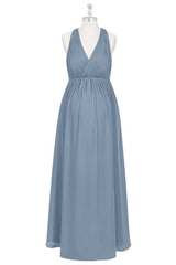 Evenning Dress For Wedding Guest, Dusty Blue Halter Backless Maternity Bridesmaid Dress