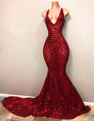 Evening Dress Petite, Red Sequins Shiny V-Neck Mermaid Long Prom Dresses