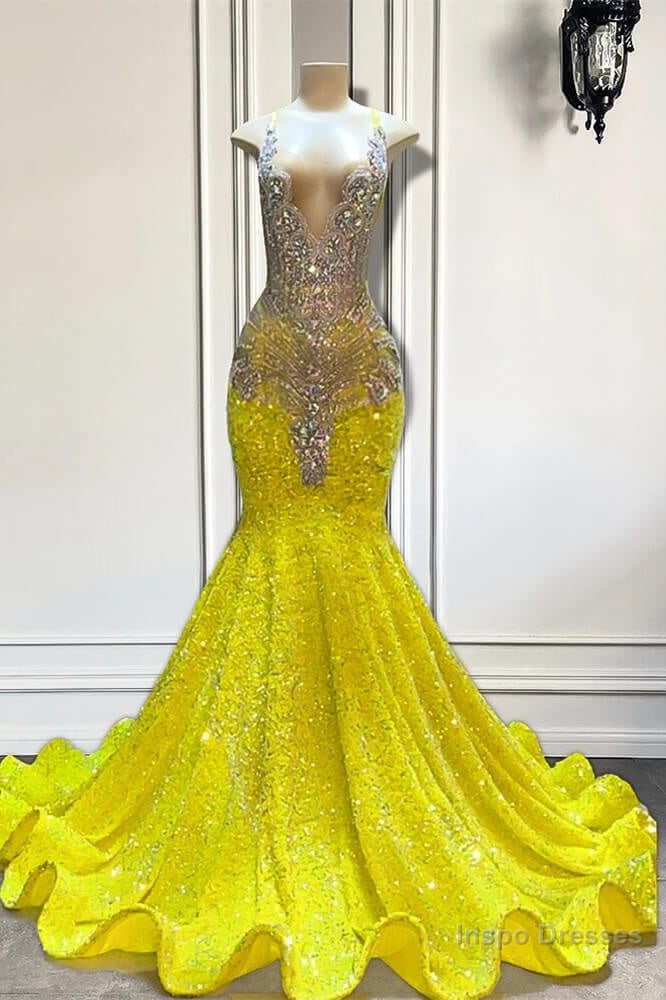 Yellow V-Neck Sleeveless Mermaid Prom Dresses Featuring Beadings and Sequins