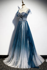 Formal Dress Prom, Blue Tulle Long Prom Dresses, A-Line Formal Evening Dresses