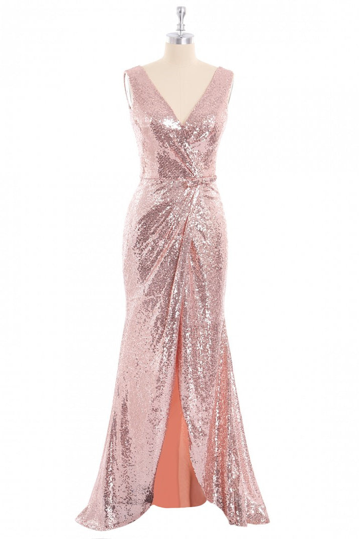 Evening Dress Short, Rose Gold Sequin V-neck Long Formal Dress with Slit