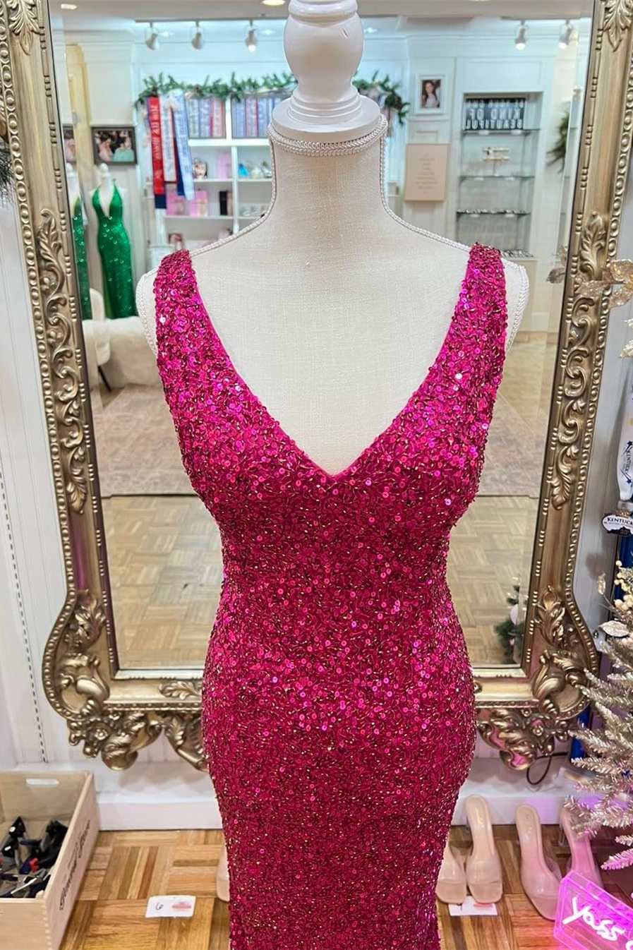 Bridesmaids Dress Black, Magenta Sequin V-Neck Mermaid Long Prom Dress