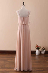 Prom Dress Stores Near Me, Blush Pink Spaghetti Strap Ruffled Long Bridesmaid Dress