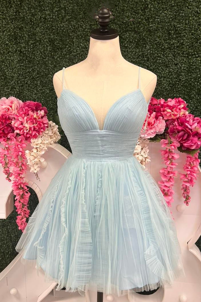 Formal Attire, Sky Blue A-line Plunging V Neck Straps Ruffles Homecoming Dress