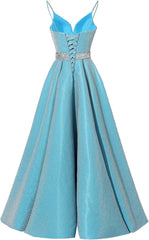 Spaghetti Straps Prom Dress Long Satin Beaded V-Neck Formal Evening Party Ball Gowns with Pockets