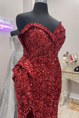 Prom Dress Burgundy, Asymmetrical Burgundy Sequin Strapless Mermaid Long Prom Dress with Slit