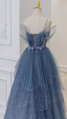 Shiny Tulle A-Line Spaghetti Straps Blue Prom Dresses Party Gowns Evening Dress