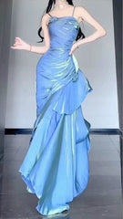 Blue Satin Long Straps Prom Dress Wine Red A-line Party Dress