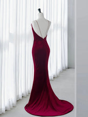 Prom Dresses For Girl, Simple Velvet Mermaid Burgundy Long Prom Dress, Burgundy Long Formal Dress