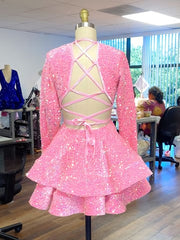 Formal Dress For Graduation, Pink Cocktail Dresses A-Line V-Neck Long Sleeve Shiny Sequin Homecoming Dresses