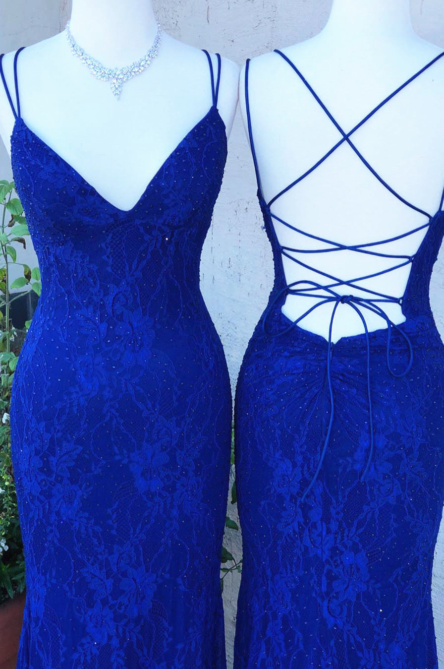 Formal Dress Homecoming, Elegant Straps Royal Blue Lace Long Prom Dress