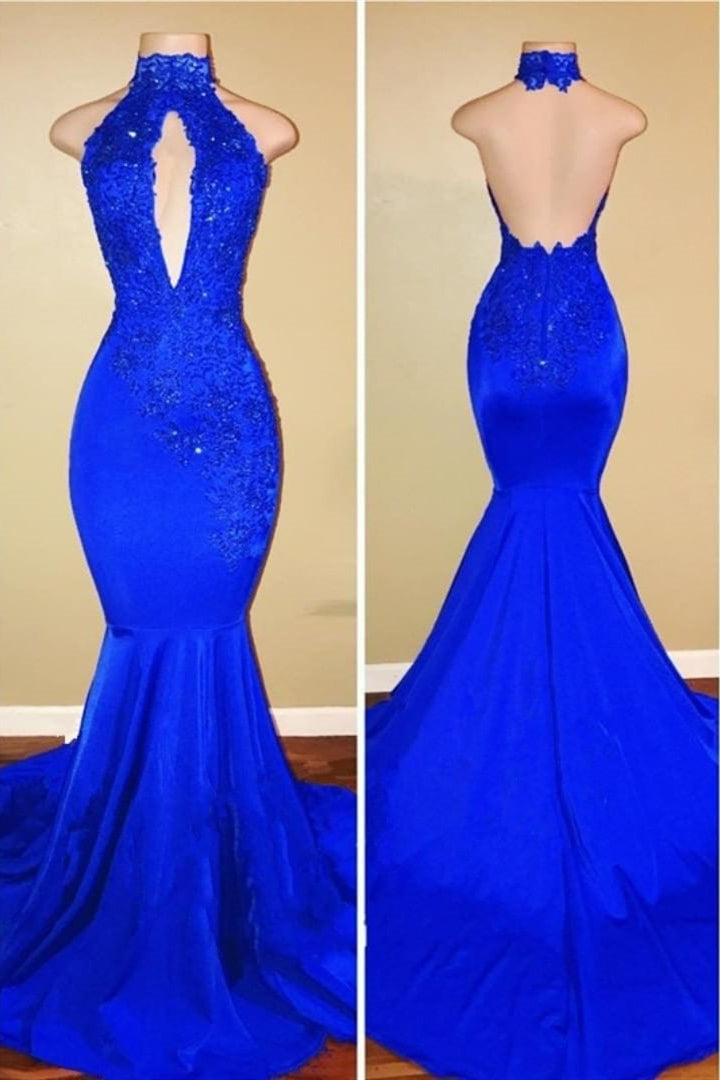 Formal Dresses For Ladies Over 66, Elegant Mermaid High Neck Royal Blue Long Prom Dress