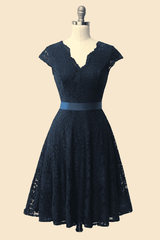 Bridesmaid Dresses Elegant, A-Line Cap Sleeve Navy Blue Bridesmaid Dress with Belt