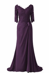 Mermaid Dress, V-Neck Half Sleeve Plum Mother of Bridal Dress