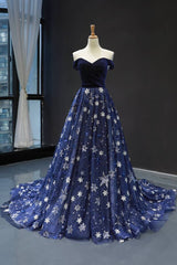 Black Tie Wedding Guest Dress, Elegant Off the Shoulder Navy Blue Prom Dress