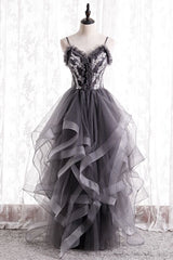 Party Dress Afternoon Tea, Spaghetti Straps Dark Grey Tiered Long Formal Dress