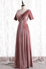 Prom Dresses Red, Blush Velvet Long Party Dress with Short Sleeves