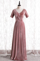 Prom Dresses Long Sleeves, Blush Velvet Long Party Dress with Short Sleeves