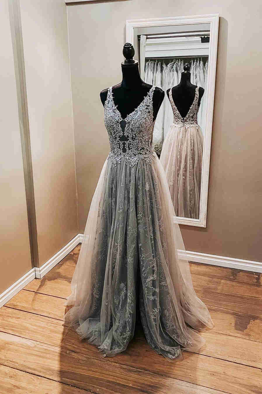 Evening Dress Elegant, Elegant Backless Grey Lace Formal Dress