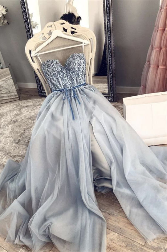 Evening Dress, A-Line Grey Beaded Top Prom Dress with Slit