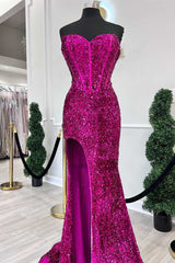 Debutant Dress, Fuchsia Sequin Strapless Mermaid Long Prom Dress with Slit