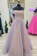 Princess Pink Sequins Straps A-Line Prom Gown