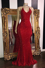 Sequins Sleeveless Mermaid Long Prom Dresses | Glitter New Arrival Halter Red Evening Gowns