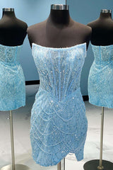 Bridesmaid, Light Blue Strapless Short Homecoming Dress