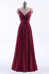 Wedding Inspo, Wine Red Chiffon A-line Long Pleated Bridesmaid Dress