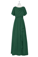 Party Dress After Wedding, Hunter Green Chiffon Ruffled Long Bridesmaid Dress