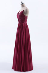 Wedding Photo, Wine Red Chiffon A-line Long Pleated Bridesmaid Dress