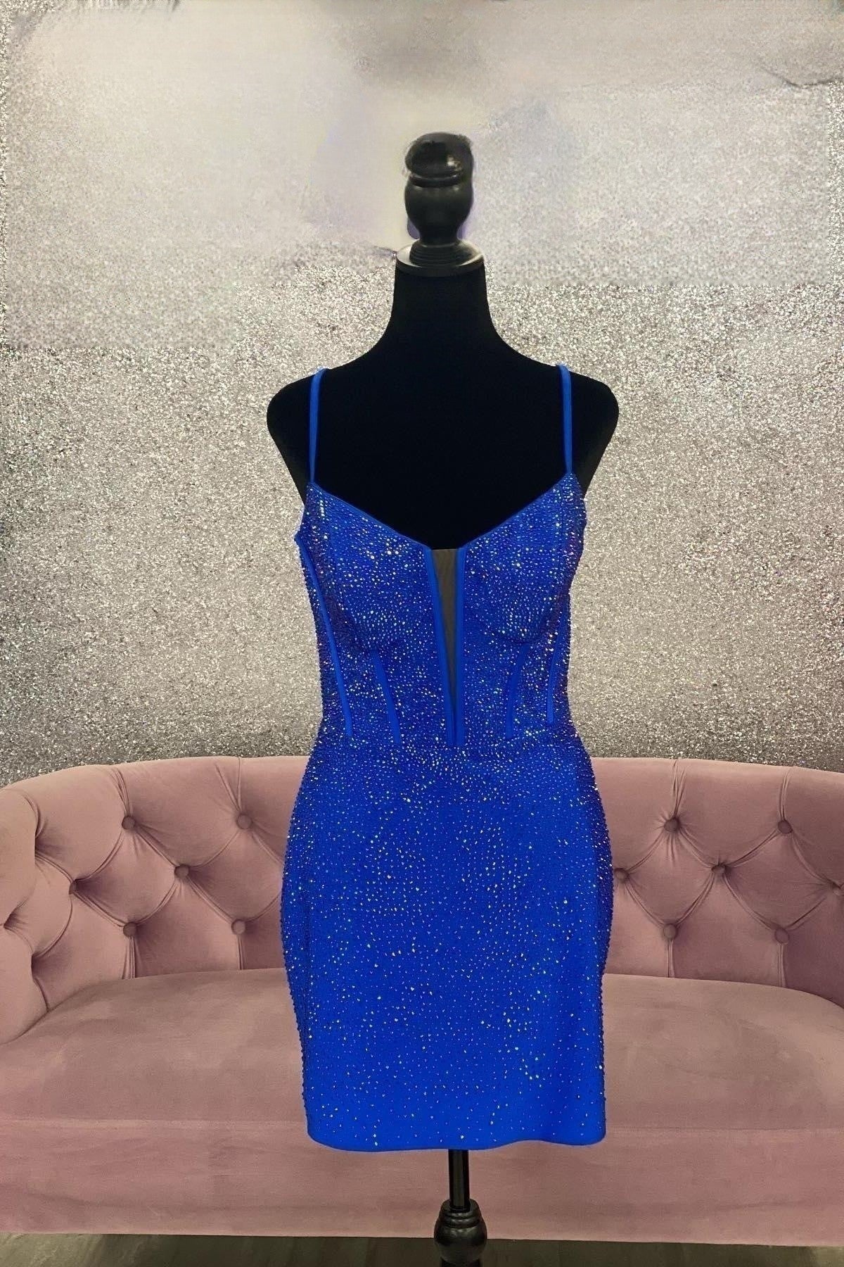 Evening Dress Wedding, Royal Blue Beaded Sheath Deep V Neck Homecoming Dress