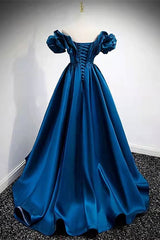 A-Line Dark Blue Off-the-Shoulder Stain Prom Gown