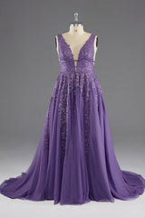 Dance Dress, A-line V-Neck Lace Appliques Long Prom Dress