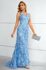 Blue V-Neck Mermaid Prom Dress With Flowers and Appliques