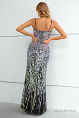 Black Spaghetti Straps Beaded Prom Dress With Slit